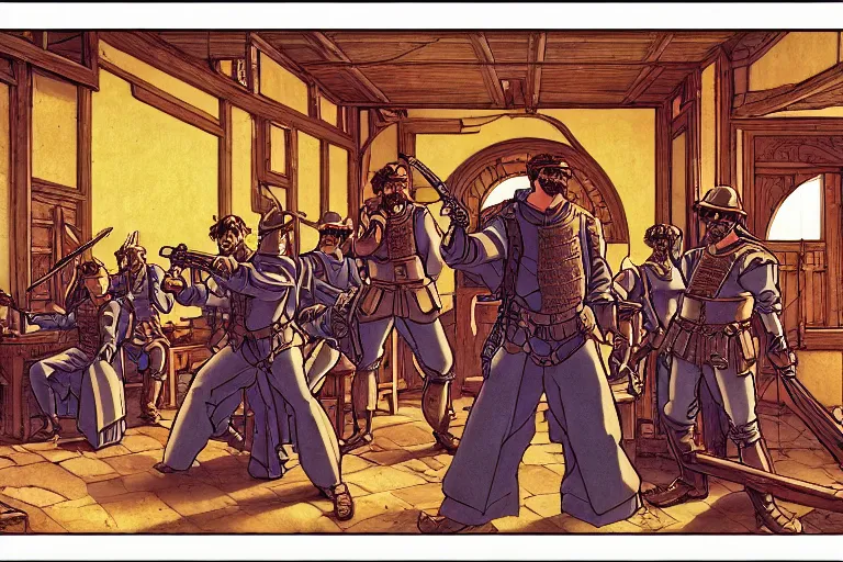 Image similar to cel - shaded establishing shot of a rag - tag team of mercenaries in an old tavern in a late renaissance city, key visual with intricate linework, in the style of moebius, ayami kojima, 9 0's anime, retro fantasy