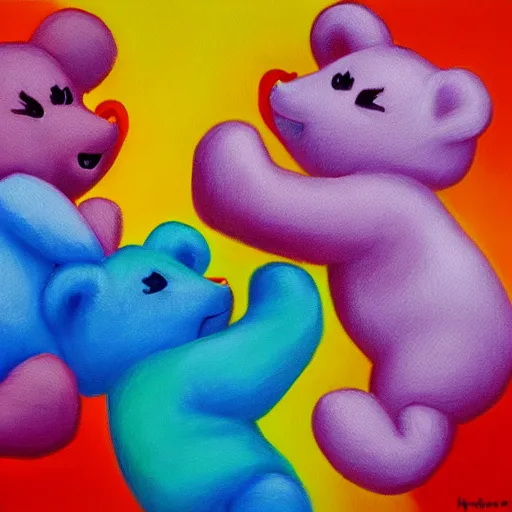 Prompt: Two carebears having a fistfight. Oil on canvas. 4K. Highly detailed