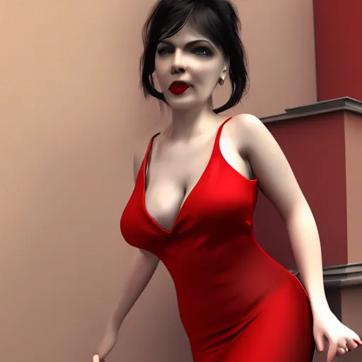 Image similar to woman, red short dress, black hair, by milo manara, 3 d render, red high heels, face, house, high - poly