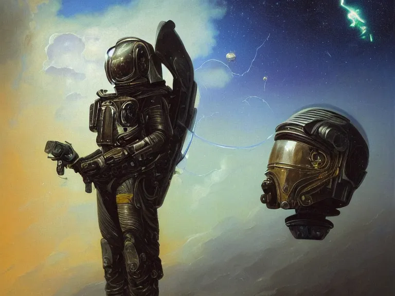 Image similar to a detailed profile oil painting of a lone bounty hunter in space armour and visor, cinematic sci-fi poster. technology flight suit, bounty hunter portrait symmetrical and science fiction theme with lightning, aurora lighting clouds and stars by beksinski carl spitzweg and tuomas korpi. baroque elements. baroque element. intricate artwork by caravaggio. Trending on artstation. 8k