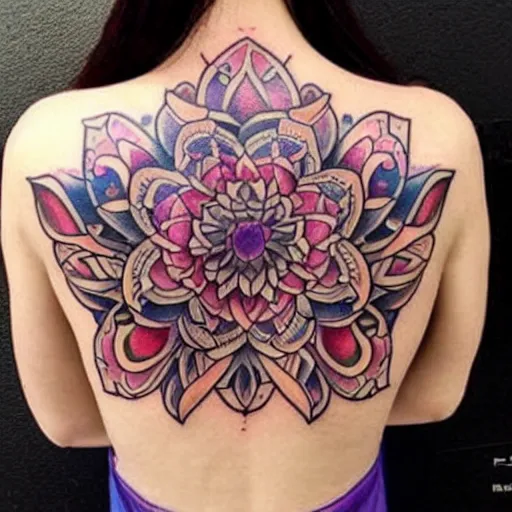 Prompt: tattoo along female back, epic, colorful, beautiful, intricate detail
