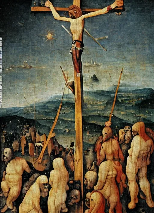 Prompt: Bored Ape nailed to the Cross by Hieronymus Bosch, day time sky, surreal oil painting, highly detailed, dream like, masterpiece