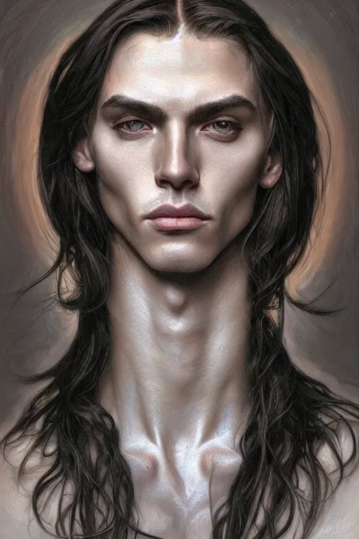 Image similar to portrait of a young androgynous man handsome, male, masculine, upper body, fantasy, fierce, sharp features, intricate, elegant, highly detailed, digital painting, artstation, niccoletta ceccoli, alex grey, concept art, matte, sharp focus, illustration, art by artgerm and greg rutkowski and alphonse mucha, symmetry!!