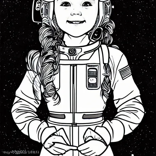 Prompt: clean simple line art of a cute little girl with a mischievous face and short brown wavy curly hair. she is dressed as an astronaut. no background. well composed, clean coloring book page, beautiful detailed face. coloring book line art by artgerm and greg rutkowski and johanna basford and alphonse mucha