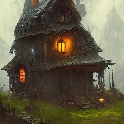 Prompt: a witch's house, fantasy art, in the style of greg rutkowski, illustration, epic, fantasy, cinematic, intricate, hyper detailed, artstation, concept art, smooth, sharp focus, ray tracing
