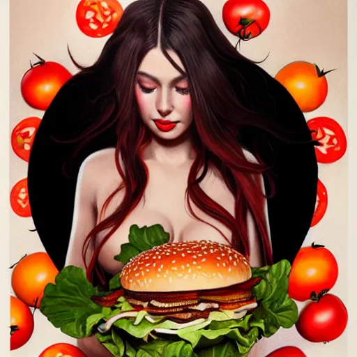 Prompt: detailed full body concept art illustration oil painting of Lana Rhoades eating hamburgers, extra ketchup, bacon lettuce and tomatos, oriental art nouveau, frock, mid body, radiant halo of light, black gold smoke ink, woman covered in sliced tomatos and onions, peter mohrbacher, artgerm