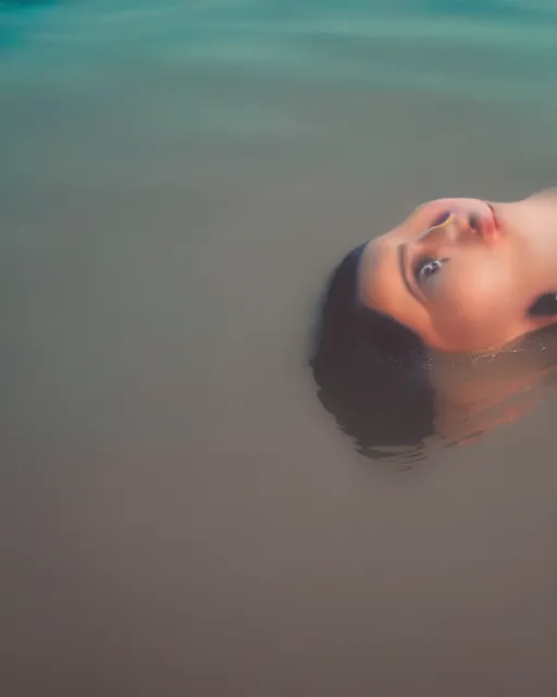 Prompt: a woman's face underneath the water, serene emotion, film grain, strange colors