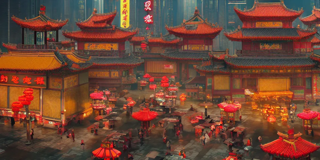 Image similar to a very high resolution image from a new movie, upside - down old chinese pavilion and cyberpunk city, beautiful scenery, photorealistic, photography, directed by wes anderson