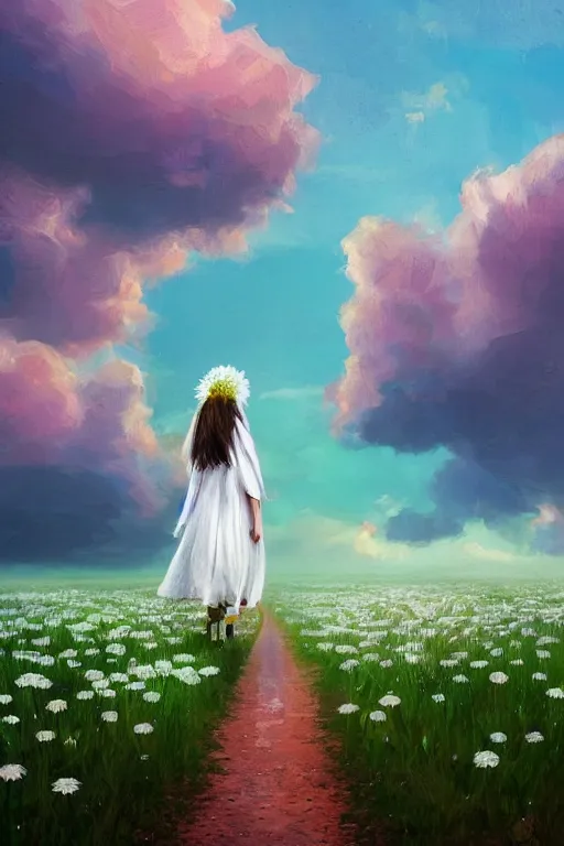 Image similar to giant white daisy flowers as head, girl with veil walking in a flower field, surreal photography, sunrise, dramatic light, impressionist painting, colorful clouds, digital painting, artstation, simon stalenhag