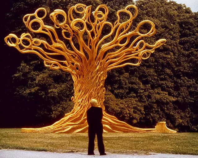 Prompt: by bruce davidson, by andrew boog faithful redscale photography evocative. a beautiful carved kinetic sculpture of a gold and obsidian brutalist exploded humanoid diagram tree of evolution - like creature, standing in front of a castle atop a cliff.