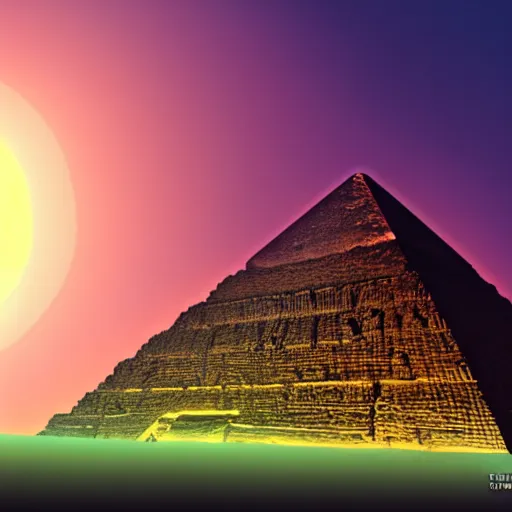 Image similar to a green beam coming out of thethe tip of the great pyramid of giza, sphynx and other pyramids in the background, illustration, digital art, trending on artstation, no signature