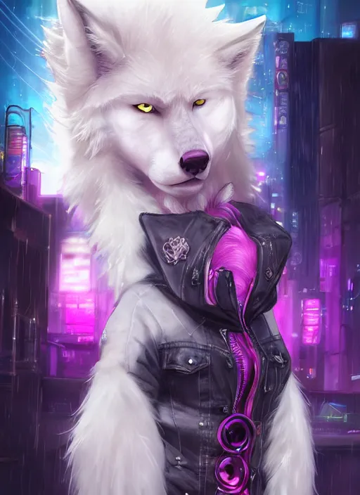 Prompt: award winning beautiful portrait commission of a male furry anthro albino wolf fursona with a tail and a cute beautiful attractive detailed furry face wearing stylish black, pink and blue cyberpunk biker clothes in a cyberpunk city at night while it rains. Character design by charlie bowater, ross tran, artgerm, and makoto shinkai, detailed, inked, western comic book art