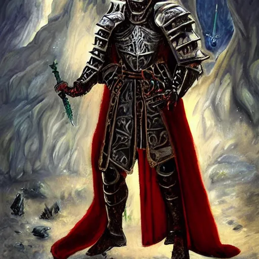 Prompt: a very elegant fantasy oil painting of a fantasy knight and a magical wizard robe made of dragon hide combination, using magic, magic leaking out of them, medieval armor, custom armor design, pointy, the red glows coming through the knight helmet, paint smears, digital art, character design, d & d character, heavy shading, master of fantasy art