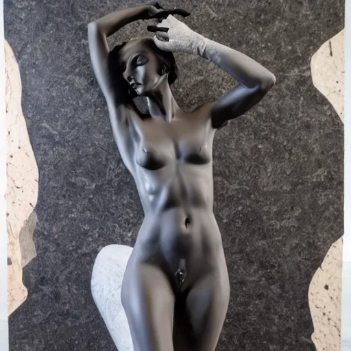 Image similar to a pretty magical mysterious woman made of black marble with white vein marble, dynamic pose