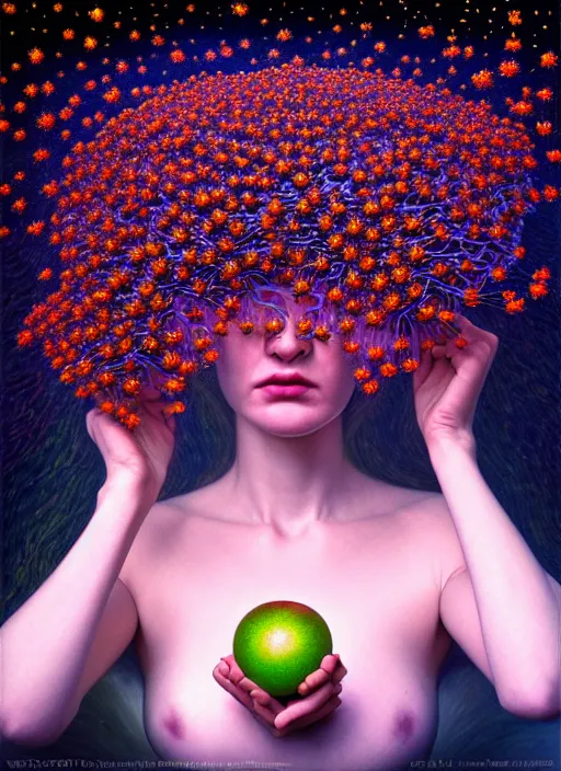 Image similar to hyper detailed 3d render like a Oil painting - Aurora (Singer) Eats of the Strangling Fruit of penance open eyes and Her Hands full of gossamer polyp blossoms bring iridescent fungal flowers whose spores black the foolish stars by Jacek Yerka, Mariusz Lewandowski, Houdini algorithmic generative render, Abstract brush strokes, Masterpiece, Edward Hopper and James Gilleard, Zdzislaw Beksinski, Mark Ryden, Wolfgang Lettl, hints of Yayoi Kasuma, octane render, 8k