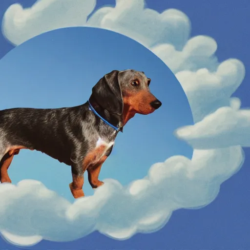 Image similar to an elderly, grey wire-haired dachshund floating in heaven, blue sky, surrounded by beautiful white clouds, with a halo over his head