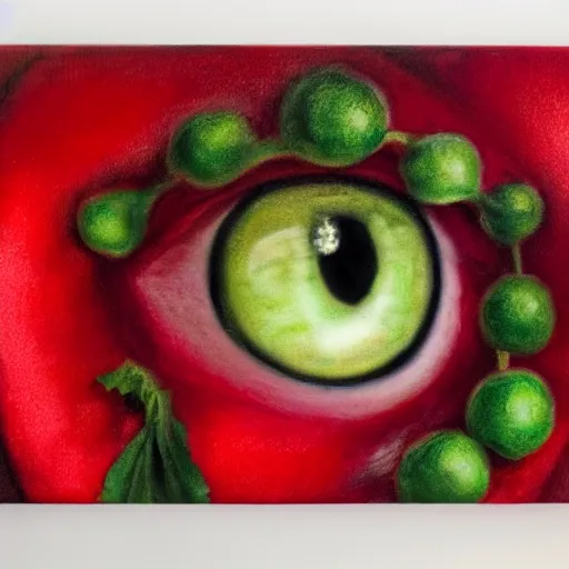 Image similar to a strawberry covered by human eyes, eyes looking at viewers, painting, old, soft lighting.