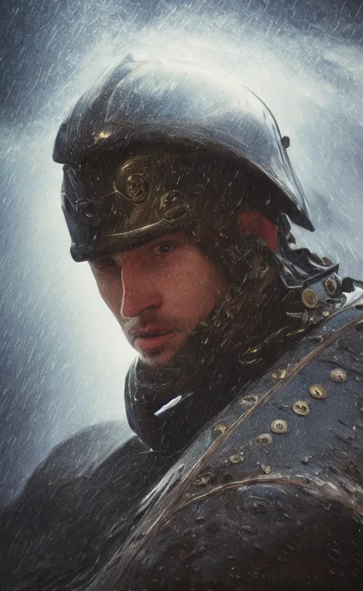 Image similar to knight, norway fjord, extreme close up portrait, hudson river school, max rive, armor made of water, studio lighting, stormy seas, beautiful, bokeh, snowy, storm clouds, god rays, extreme close up portrait, d & d, fantasy, elegant, low key color palette, concept art, roger deakins and greg rutkowski and alphonse mucha