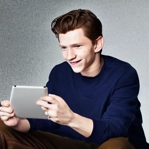 Prompt: ultra - detailed portrait photo of tom holland thinks to write something on his tablet in his hand. he is smiling with his ideas