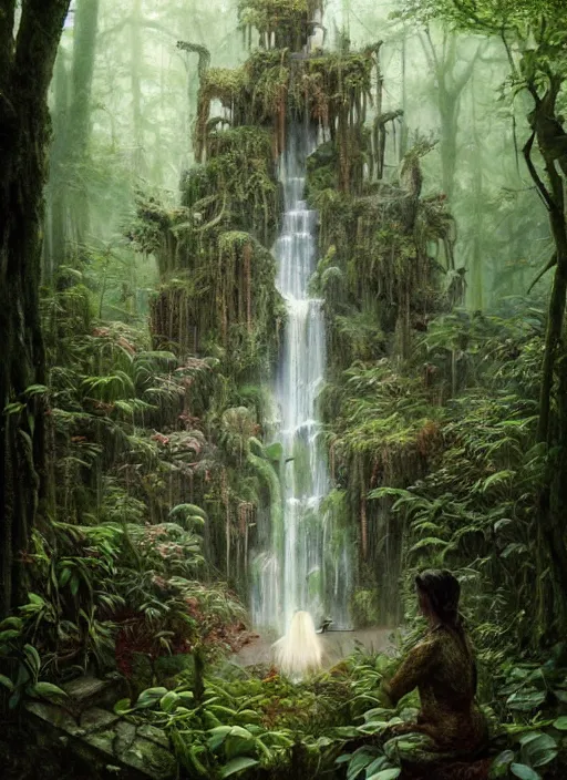 Image similar to a hyper realistic architectural witch shrine under a waterfall in the woods, gorgeous lighting, lush forest foliage, painting by chiara bautista and tom bagshaw, muca beksinski and norman rockwell and greg rutkowski weta studio, and lucasfilm