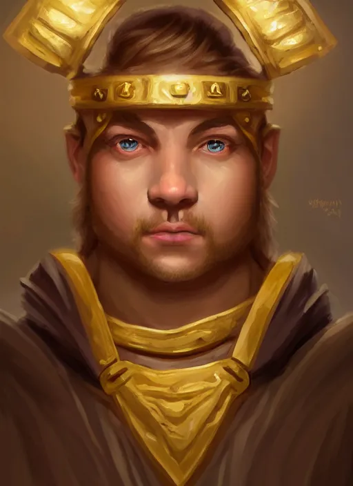 Image similar to symmetry!! oil painting digital art dungeons & dragons facial portrait of a caucasian halfling male cleric, with a ponytail, white robe with gold accents, white and brown robe with gold accents, necklace of a footprint, elegant, highly detailed, digital painting, artstation, concept art, sharp focus, illustration