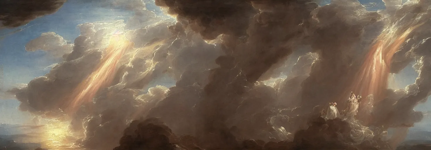 Prompt: a painting of a hand descending from the clouds demand payment for daily existence, in the style of an epic Thomas Cole painting