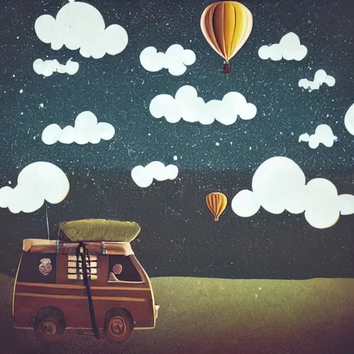 Image similar to smiling hippy, balloon journey, pulp adventure, flying camp, dark moody night sky, fluffy clouds of subtle opacity, cozy cabin, flying high, gradient aperture