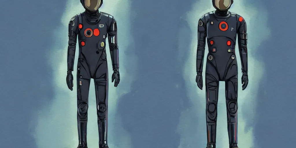 Image similar to male, full body, wide shot, modern space suit, intriguing helmet, stylized character design, the expanse tv series, large shoulders, short torso, long thin legs, tiny feet, science fiction, hyperdetailed, technical suit, dieselpunk, watercolor digital painting, in the style of bruce timm, by alex maleev