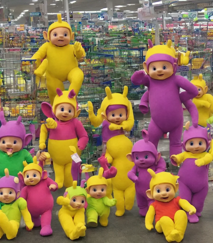 Prompt: teletubbies at tesco buying pasta