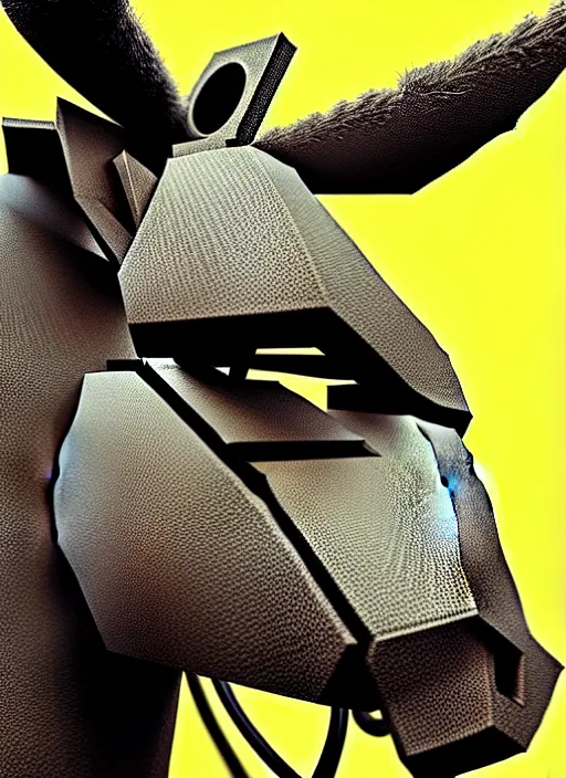 Image similar to intricate hyper detailed ultra sharp portrait of an evil robotic donkey that is heroically looking into the camera, fire background, 2 d digital vector art, highly realistic, highly detailed, medium shot, low angle, dramatic lighting, picture of the year award, deep cyberpunk mechanoid, sharp focus, 4 k, ultra hd,