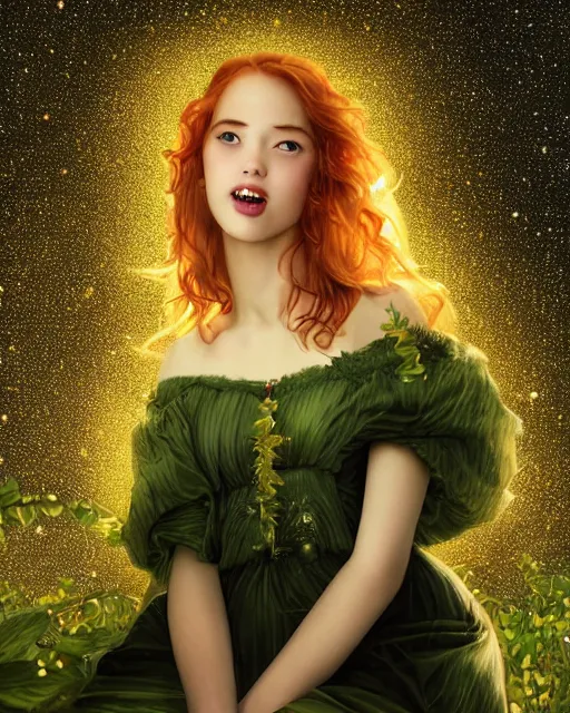 Prompt: a happy young woman looking over shoulder, intricate detailed dress, among the lights of golden fireflies, sitting in the midst of nature, long loose red hair, bright green eyes, small nose with freckles, triangle shape face, smiling, dreamy scene, golden ratio, high contrast, photo realistic digital art by caravaggio and artgerm.