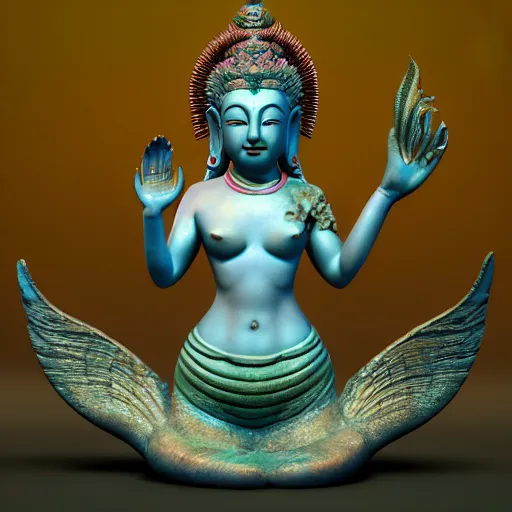 Image similar to render of a very beautiful 3d mermaid bodhisattva, mid-shot, highly detailed, trending on Artstation, Unreal Engine 4k