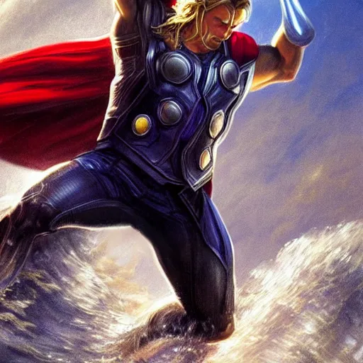 Prompt: Chris Hemsworth as Thor surfing, highly detailed, digital painting, artstation, concept art, sharp focus, illustration, cinematic lighting, art by artgerm and greg rutkowski and alphonse mucha