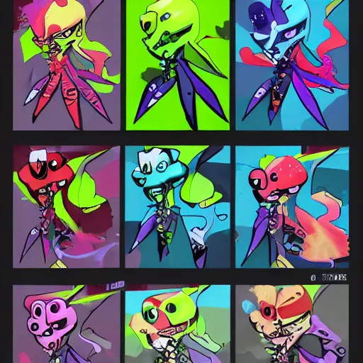 Prompt: official character sheets for a new laid back vampire squid character, artwork in the style of splatoon from nintendo, art by tim schafer from double fine studios, edgy original character color palette from the early two thousands, black light, neon, spray paint, punk, tall thin frame, adult character, fully clothed, colorful