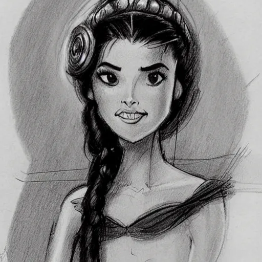 Image similar to milt kahl sketch of vanessa hudgeons with done up hair, tendrils covering face and ponytail as princess padme from star wars episode 3