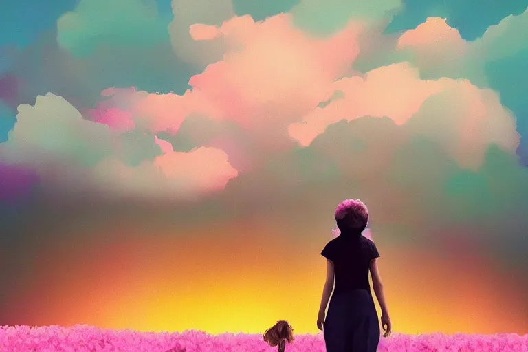Prompt: giant dahlia flower, on head, girl walking on mountain, surreal photography, pink storm clouds, dramatic light, impressionist painting, digital painting, artstation, simon stalenhag
