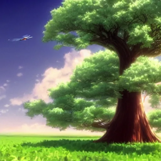 Image similar to big white whale flying near giant tree in the green field, anime, HD,