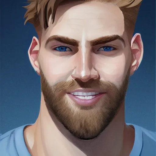 Image similar to tall chunky man in his twenties with brown blond short regular haircut and round facial structure with cleft chin, straight eyebrows, big grey blue eyes, grinning, slightly set back jaw, cheekbones, straight nose, wider face, shadow of beard, atmospheric lighting, painted, intricate, 4 k, highly detailed by charlie bowater