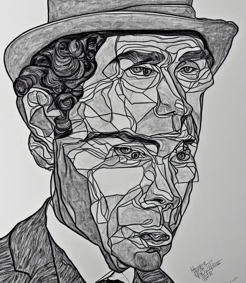 Prompt: detailed line art portrait of hank williams, inspired by egon schiele. contour lines, caricatural, musicality, twirls curls and curves, confident personality, raw emotion