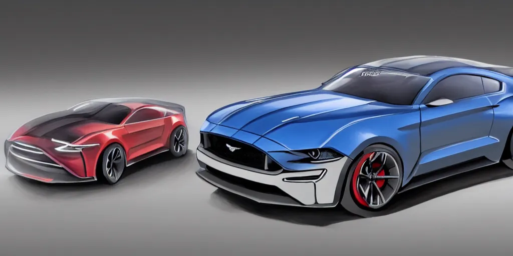 Image similar to hybrid design of Ford Mustang GT 2021 and Aston Martin 2022. No background, concept art style.