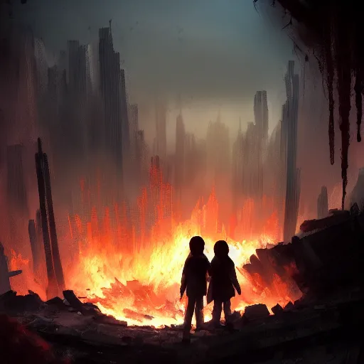 Image similar to a silhouette of a teen brother and sister looking upon the fiery ruins of what was once their home, dynamic lighting, photorealistic dark concept art, trending on artstation, stunning visuals, creative, cinematic, ultra detailed