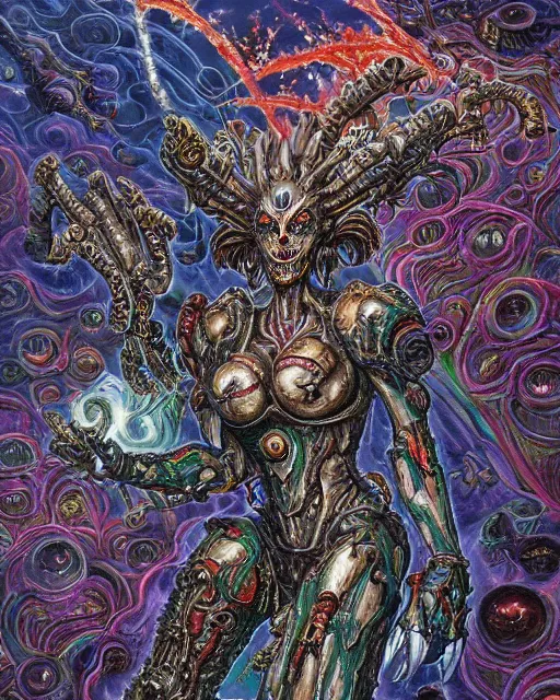 Prompt: silver mechanical charred bloody fleshmetal obliterator cyborg daemonhost woman wearing robes, psychedelic flamer of tzeentch with extra arms gunner, blue and green rainbow fire, by antonio j. manzanedo, alex grey, android jones, wayne barlowe, philippe druillet, josephine wall, harumi hironaka, cronenburg, pixabay