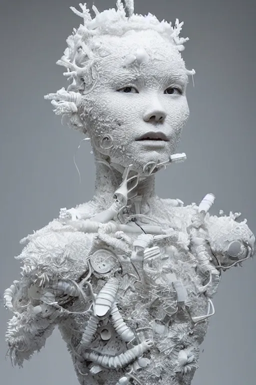 Image similar to full head and shoulders, beautiful bjork porcelain sculpture, smooth, delicate facial features, white eyes, white lashes, detailed white, lots of 3 d cyborg elements, prosthetic, anatomical, all white features on a white background, by daniel arsham and james jean