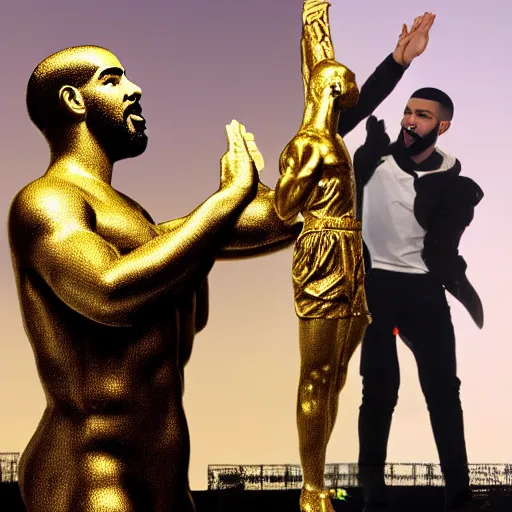 Image similar to Drake worshipping a golden statue of himself, low angle