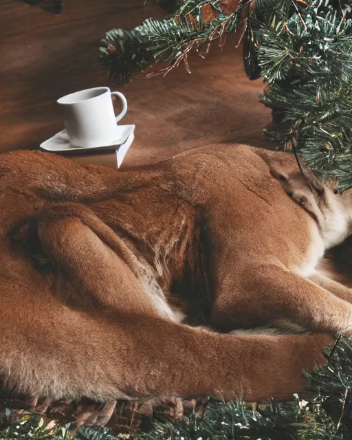 Prompt: hard cover book showing 'a cougar sleeping in the middle of snowy pine tree' laying on coffee table, zoomed out, HD, iphone screenshot