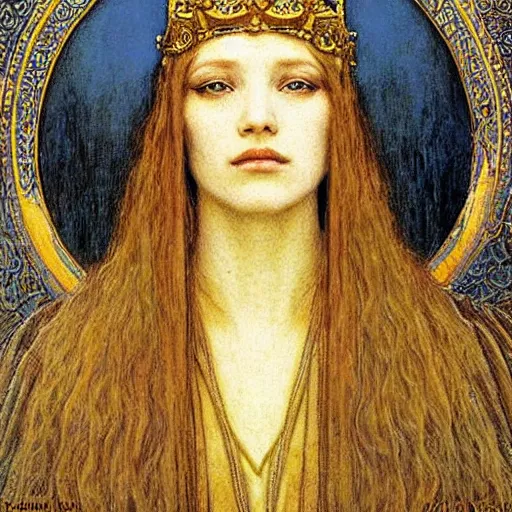 Image similar to detailed realistic beautiful young medieval queen face portrait by jean delville, art nouveau, symbolist, visionary, gothic