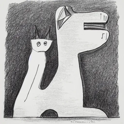 Prompt: saul steinberg drawing of a sphinx playing with a cat.