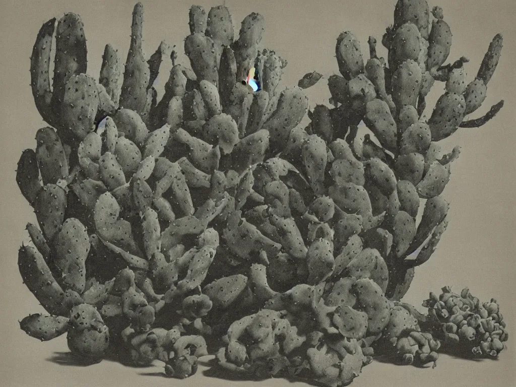 Image similar to gothic luminescent bed with cactus. painting by karl blossfeldt, morandi