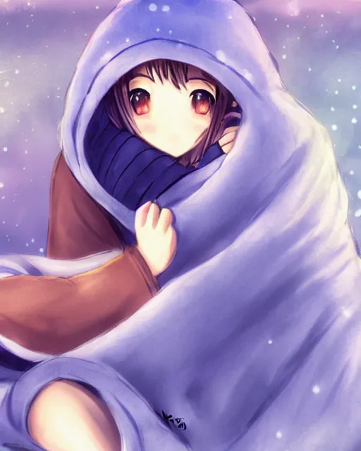 Image similar to hugging a blanket tightly, anime concept art, ambient cozy lighting, fluffy blue blanket, cute