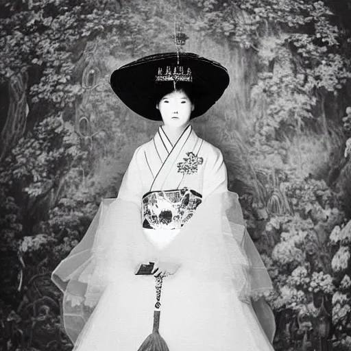 Prompt: A wide-angle, full-shot, colourful black-and-white Russian and Japanese historical fantasy portrait taken within the royal wedding venue in 1907 that was inspired by an enchanted ethereal forest was photographed by the event's official photographer.